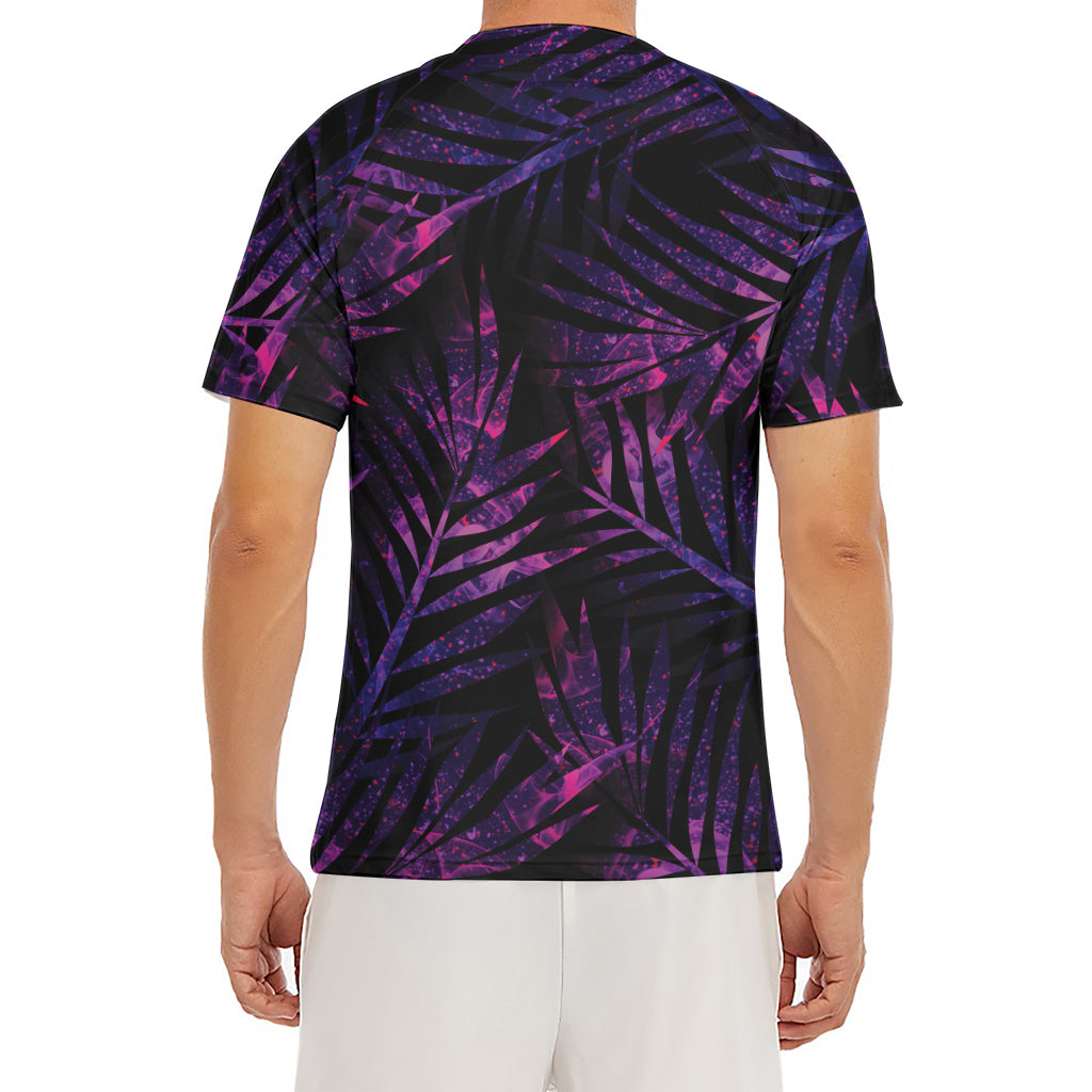 Purple Tropical Leaves Print Men's Short Sleeve Rash Guard