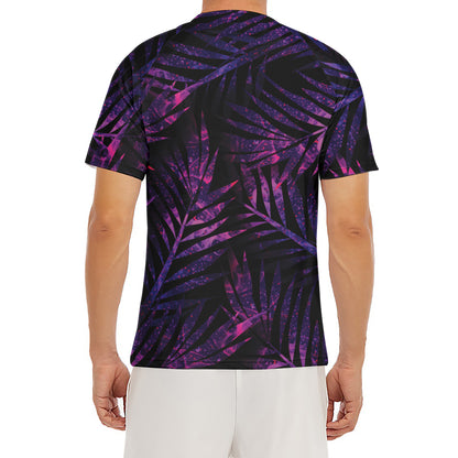 Purple Tropical Leaves Print Men's Short Sleeve Rash Guard