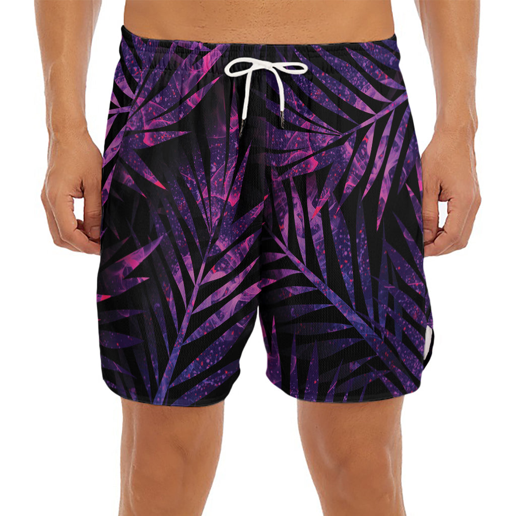 Purple Tropical Leaves Print Men's Split Running Shorts