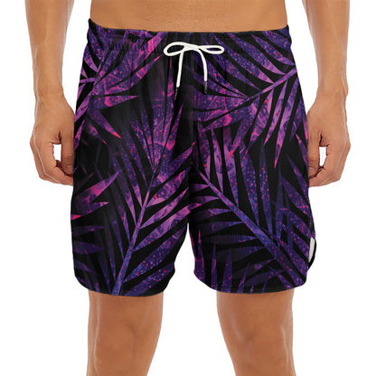 Purple Tropical Leaves Print Men's Split Running Shorts