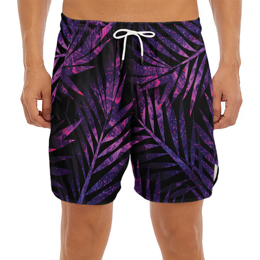 Purple Tropical Leaves Print Men's Split Running Shorts