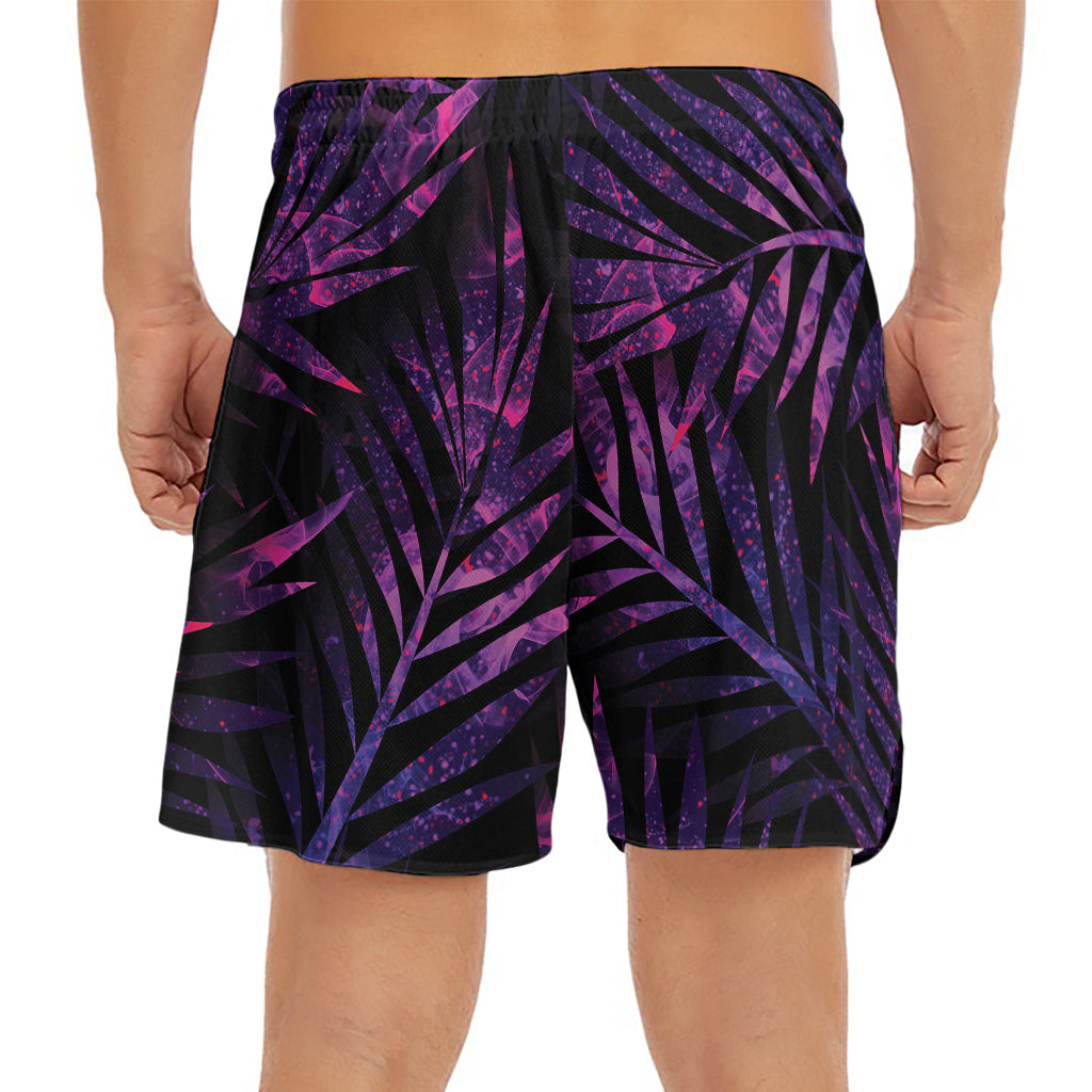 Purple Tropical Leaves Print Men's Split Running Shorts