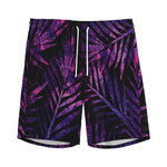 Purple Tropical Leaves Print Men's Sports Shorts