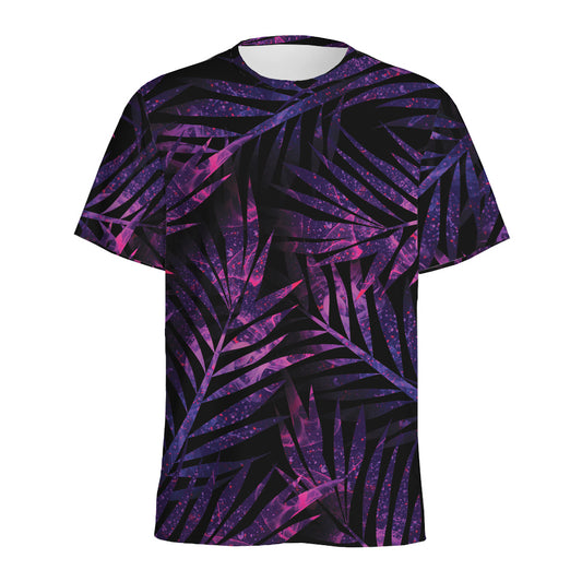 Purple Tropical Leaves Print Men's Sports T-Shirt