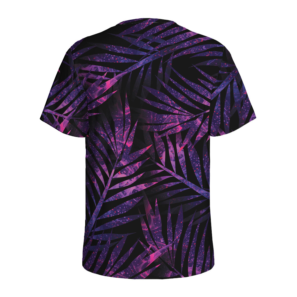 Purple Tropical Leaves Print Men's Sports T-Shirt
