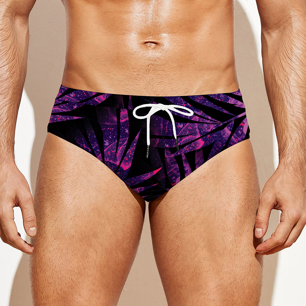 Purple Tropical Leaves Print Men's Swim Briefs