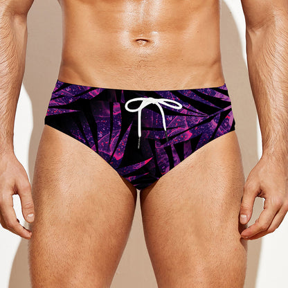 Purple Tropical Leaves Print Men's Swim Briefs