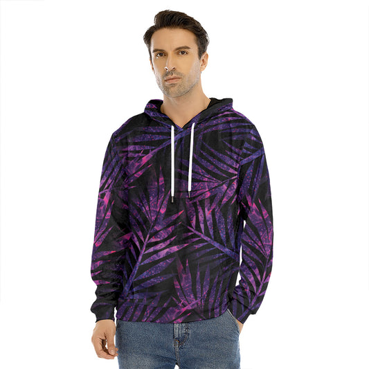 Purple Tropical Leaves Print Men's Velvet Pullover Hoodie