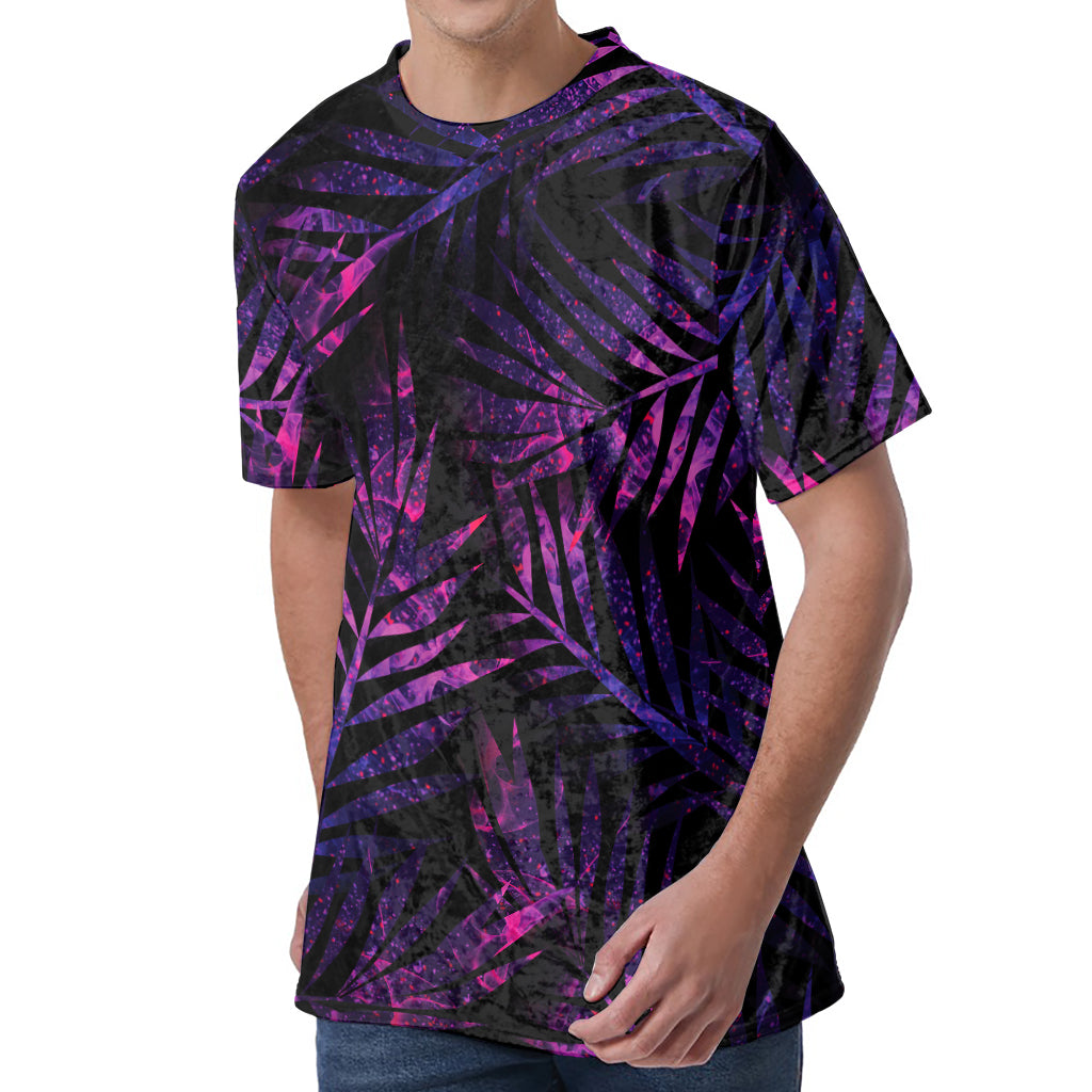 Purple Tropical Leaves Print Men's Velvet T-Shirt