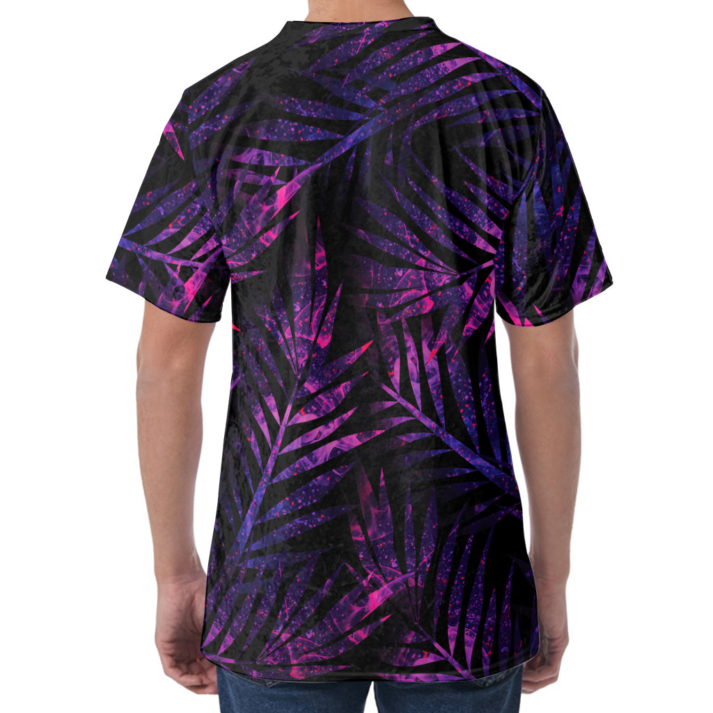 Purple Tropical Leaves Print Men's Velvet T-Shirt