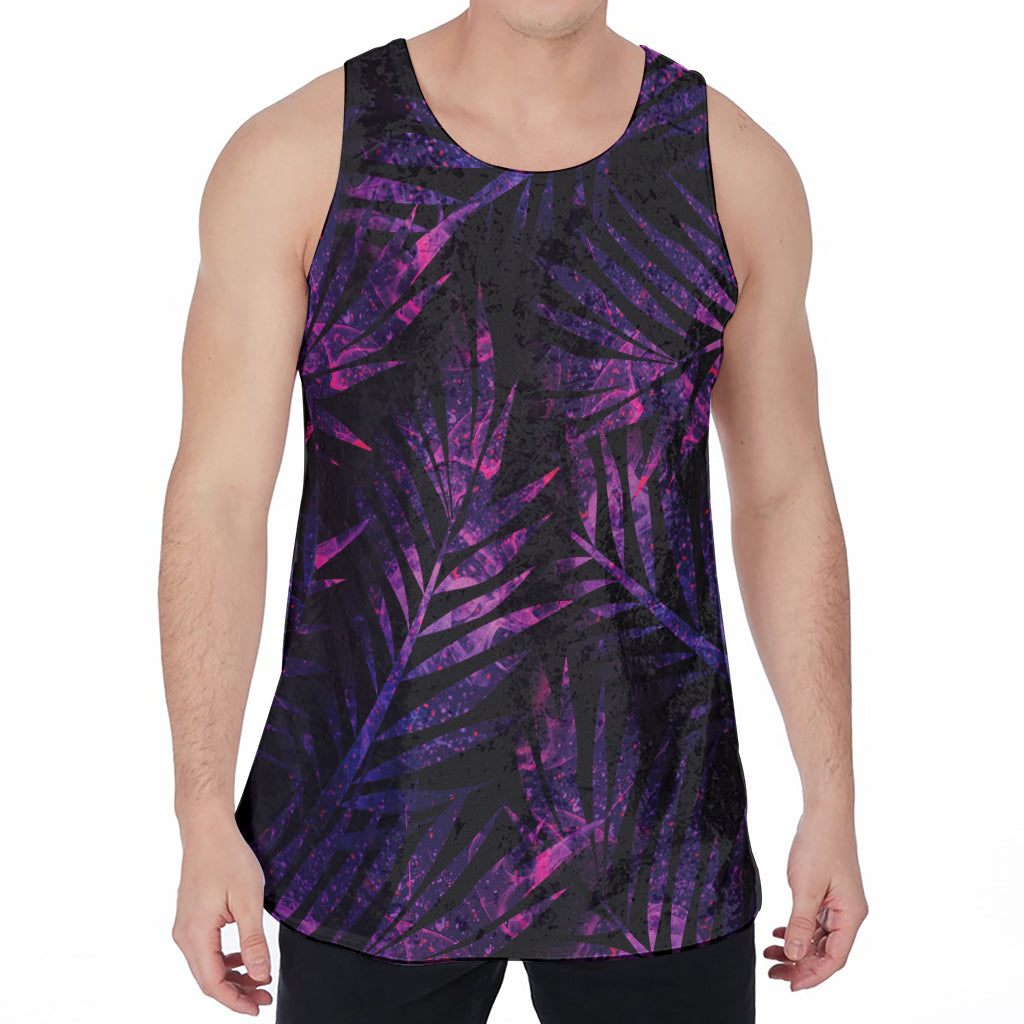 Purple Tropical Leaves Print Men's Velvet Tank Top