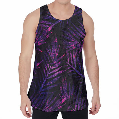 Purple Tropical Leaves Print Men's Velvet Tank Top