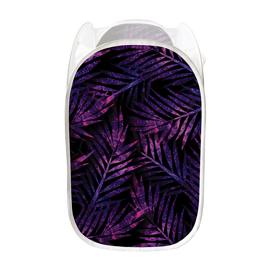 Purple Tropical Leaves Print Mesh Laundry Hamper
