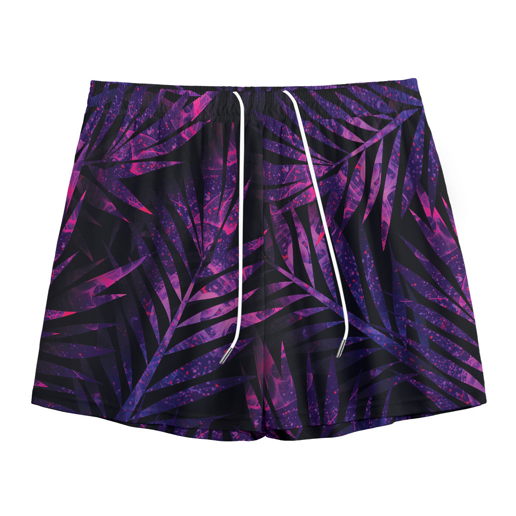 Purple Tropical Leaves Print Mesh Shorts