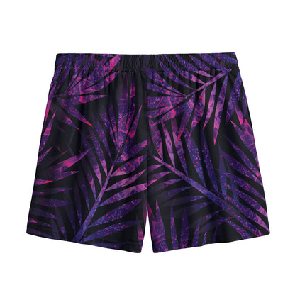 Purple Tropical Leaves Print Mesh Shorts