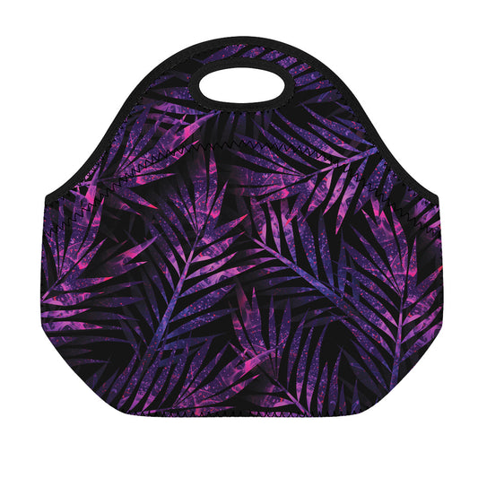 Purple Tropical Leaves Print Neoprene Lunch Bag