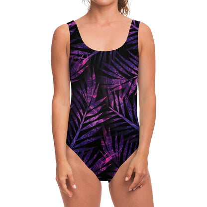 Purple Tropical Leaves Print One Piece Swimsuit