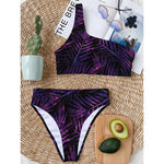 Purple Tropical Leaves Print One Shoulder Bikini Top