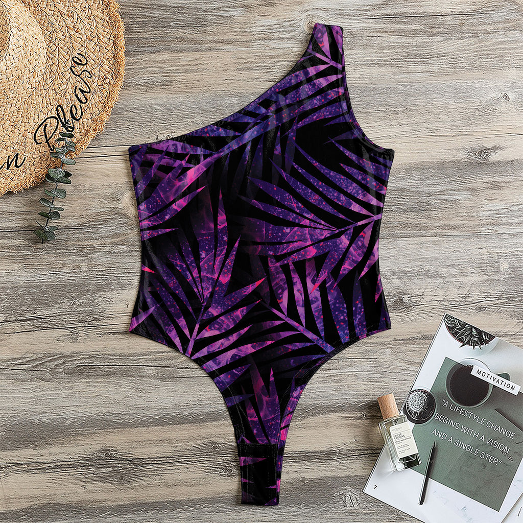 Purple Tropical Leaves Print One Shoulder Bodysuit