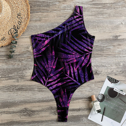 Purple Tropical Leaves Print One Shoulder Bodysuit