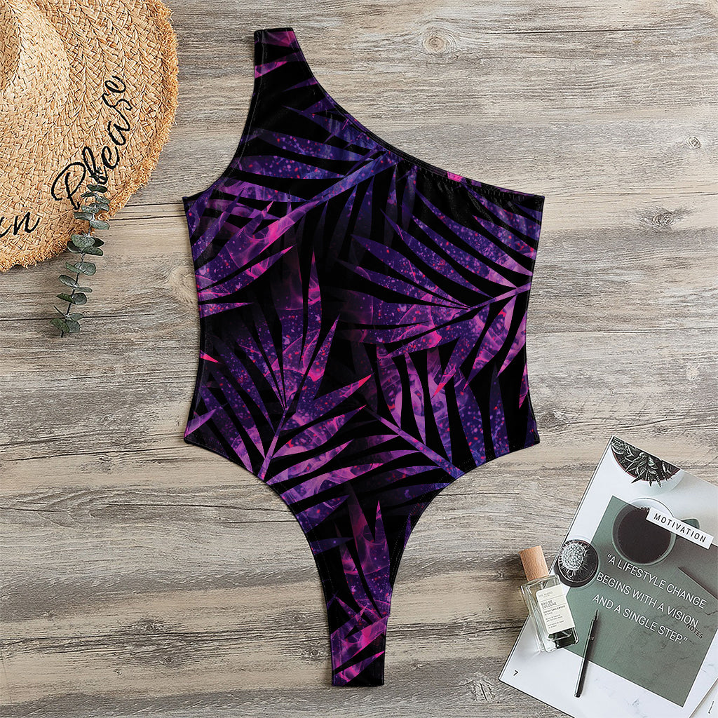 Purple Tropical Leaves Print One Shoulder Bodysuit