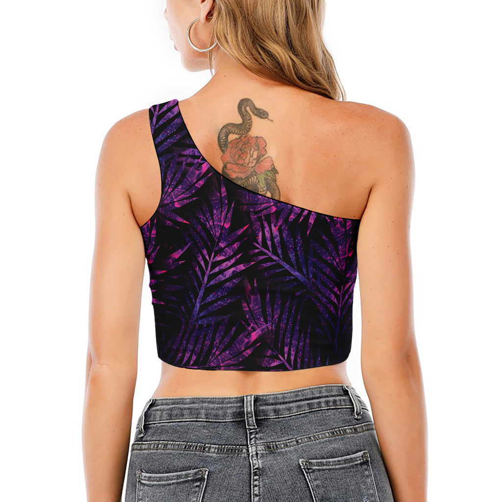 Purple Tropical Leaves Print One Shoulder Crop Top