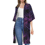 Purple Tropical Leaves Print Open Front Beach Cover Up