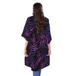 Purple Tropical Leaves Print Open Front Beach Cover Up
