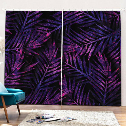Purple Tropical Leaves Print Pencil Pleat Curtains