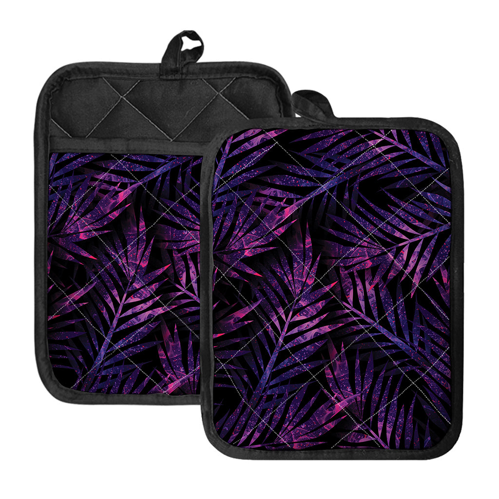 Purple Tropical Leaves Print Pot Holders With Pocket