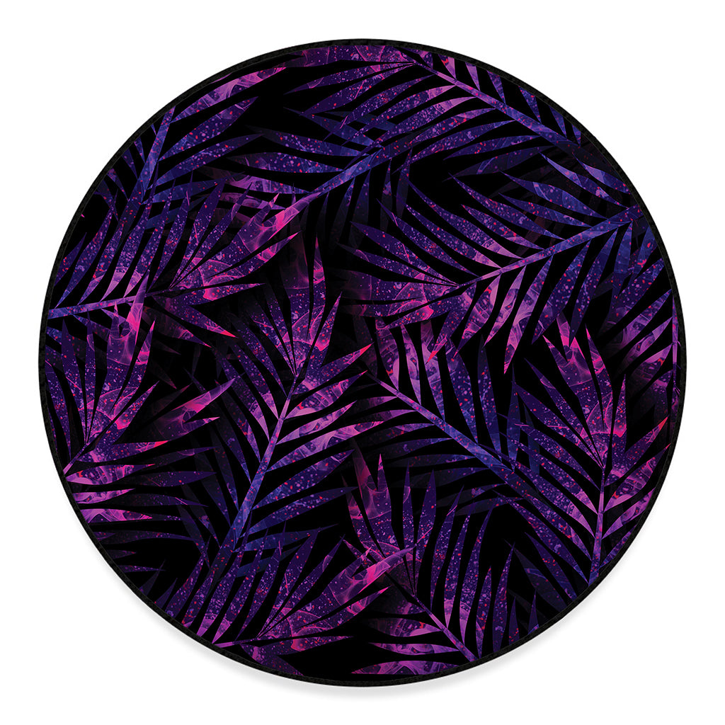Purple Tropical Leaves Print Round Floor Mat
