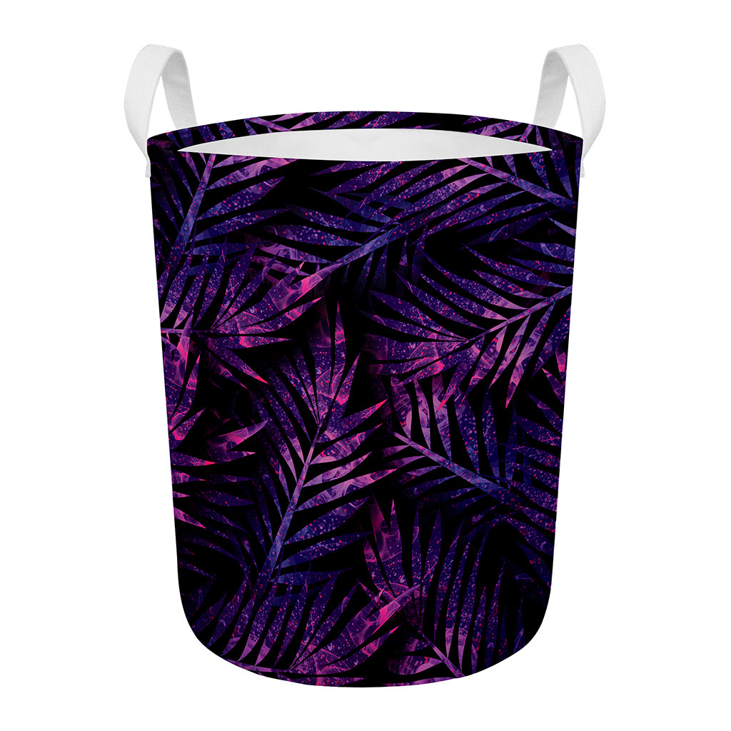 Purple Tropical Leaves Print Round Laundry Basket