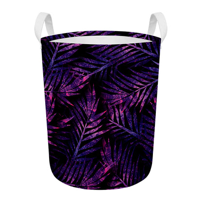 Purple Tropical Leaves Print Round Laundry Basket