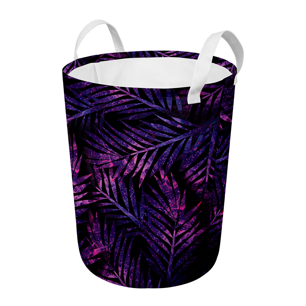 Purple Tropical Leaves Print Round Laundry Basket