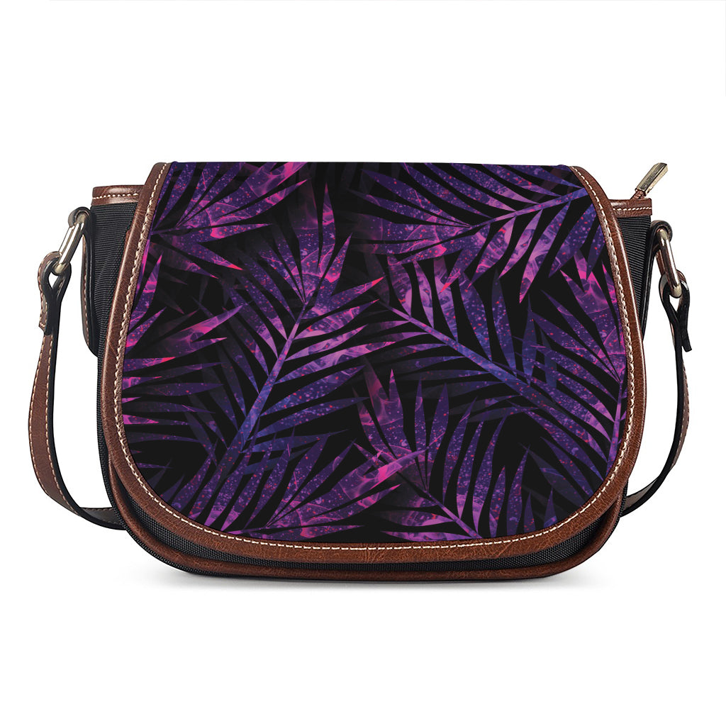 Purple Tropical Leaves Print Saddle Bag