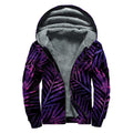 Purple Tropical Leaves Print Sherpa Lined Zip Up Hoodie