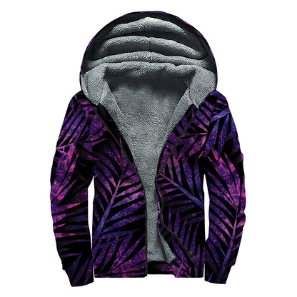 Purple Tropical Leaves Print Sherpa Lined Zip Up Hoodie