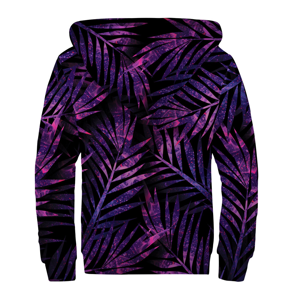Purple Tropical Leaves Print Sherpa Lined Zip Up Hoodie