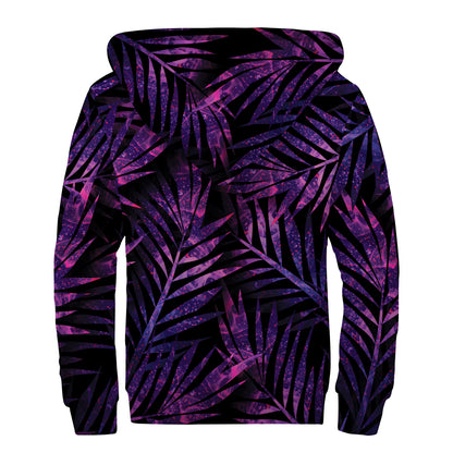 Purple Tropical Leaves Print Sherpa Lined Zip Up Hoodie