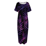 Purple Tropical Leaves Print Short Sleeve Long Nightdress