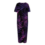 Purple Tropical Leaves Print Short Sleeve Long Nightdress