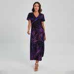 Purple Tropical Leaves Print Short Sleeve Maxi Dress