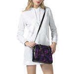 Purple Tropical Leaves Print Shoulder Handbag