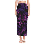 Purple Tropical Leaves Print Side Slit Maxi Skirt