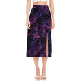 Purple Tropical Leaves Print Side Slit Midi Skirt