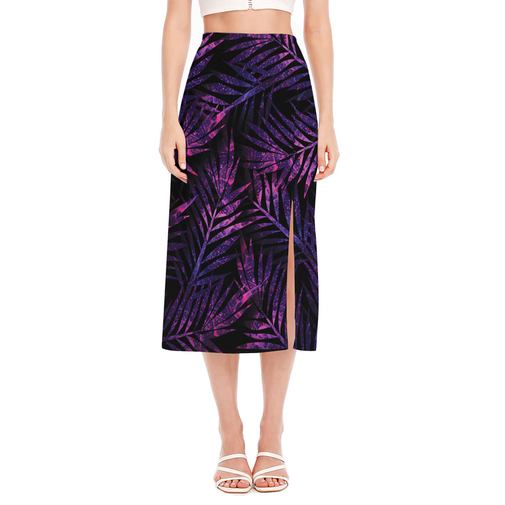 Purple Tropical Leaves Print Side Slit Midi Skirt