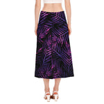 Purple Tropical Leaves Print Side Slit Midi Skirt