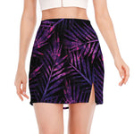 Purple Tropical Leaves Print Side Slit Mini Skirt