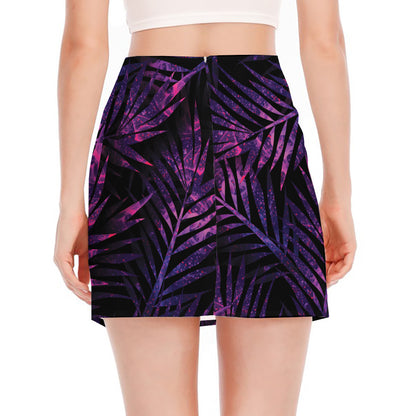 Purple Tropical Leaves Print Side Slit Mini Skirt
