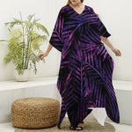 Purple Tropical Leaves Print Silk V-Neck Kaftan Dress